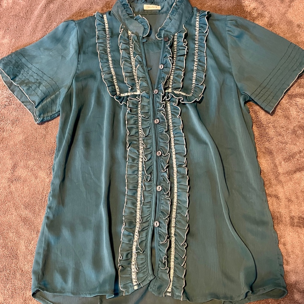 Studio Y Teal Button-Up Blouse with Ruffles